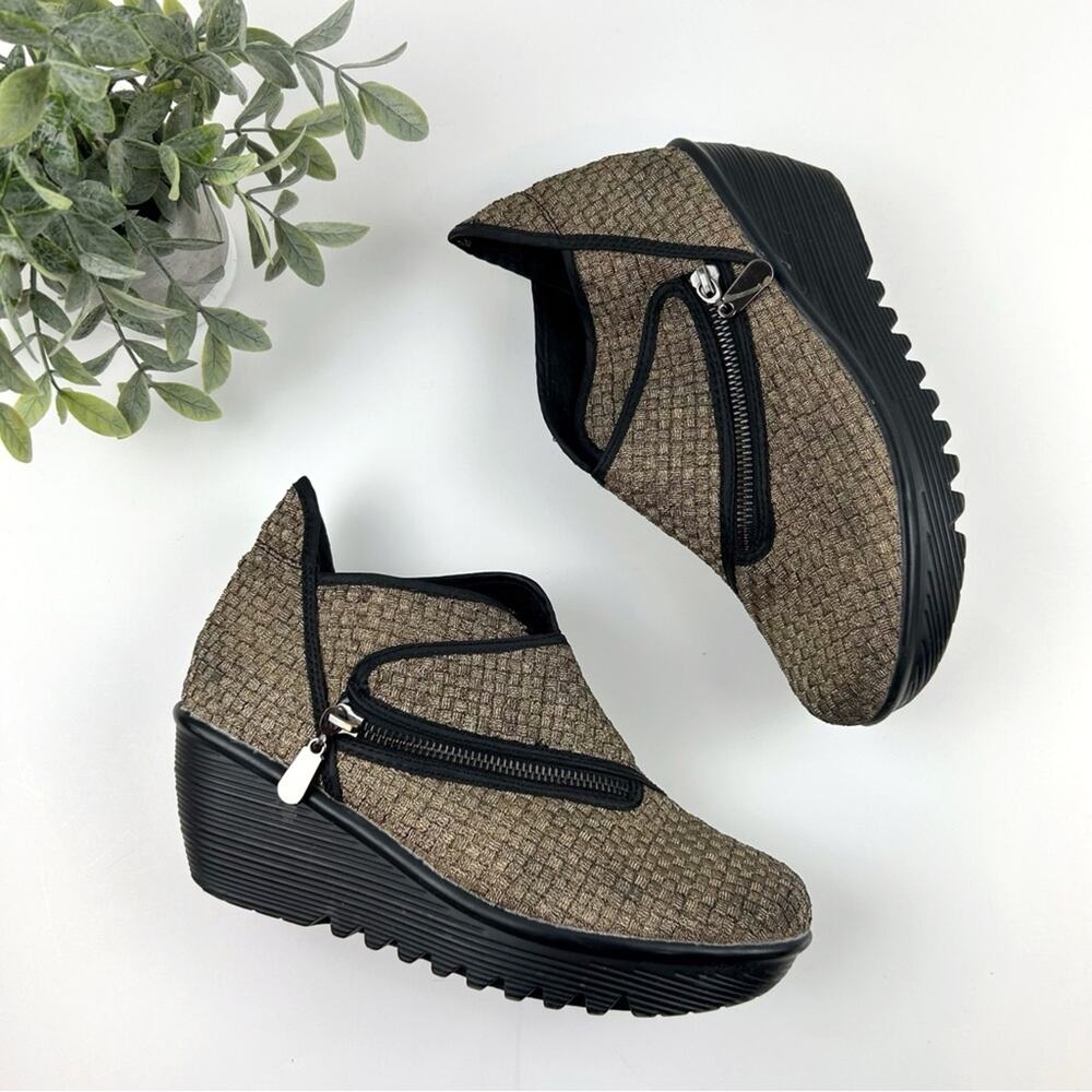 bernie mev. Taupe Woven Wedge Ankle Booties with Black Sole